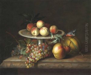 Peaches On A Silver Tazza, Grapes, A Pear And A Melon With A Bullfinch On A Stone Ledge