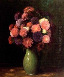 Chrysanthemums In A Green Vase by Richard Strasberger