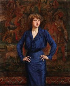 Portrait Of An Elegant Woman In Front Of A Tapestry