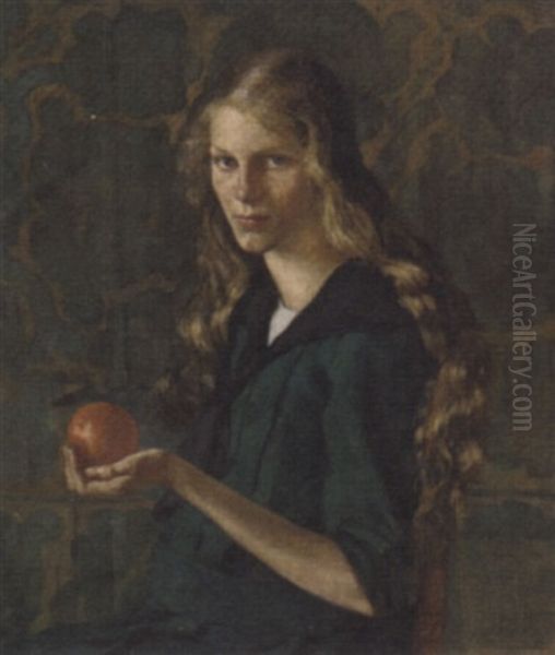 Portrait Of A Young Girl In A Green Dress Holding An Orange - view 1