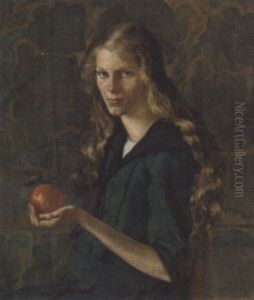 Portrait Of A Young Girl In A Green Dress Holding An Orange