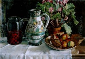 Stilleben Mit Eingemachten Kirschen, Fruchten, Und Blumentopf