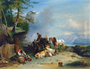 Ein Kohlenmeiler Aus Der Gegend Des Schneeberges (after Friedrich Gauermann) by Anton (Josef A.) Strassgschwandtner