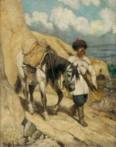 Ein Kosak Fuhrt Auf Einem Schmalen Bergpfad Sein Pferd by Anton (Josef A.) Strassgschwandtner