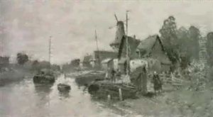 Hollandisches Fischerdorf Am Fluss by Marinus A. Van Straten