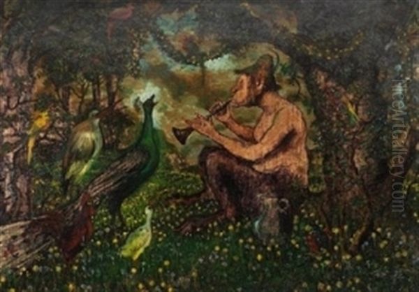 Floteblasender Satyr Mit Tirolerhut Vor Singenden Vogeln - view 1