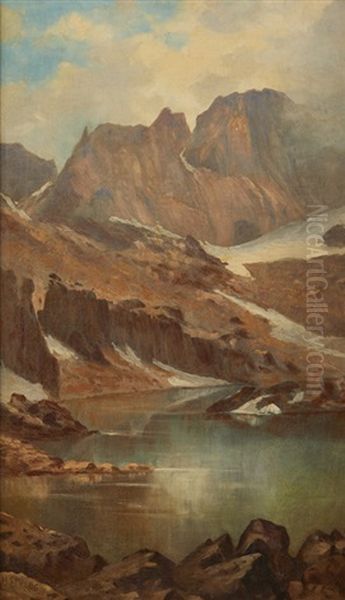 Snow Covered Mountain Landscape With Lake Basin - view 1