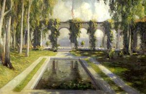 Garden Landscape With Reflecting Pool Surrounded By Trees, Vine Covered Archway And American Flag