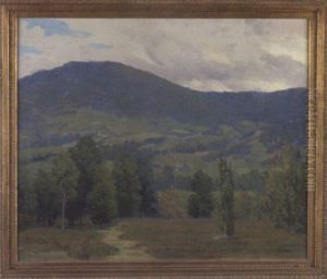 Summer Valley Landscape Surrounded By Mountains, Rolling Hills And Trees by Harold Arthur Streater