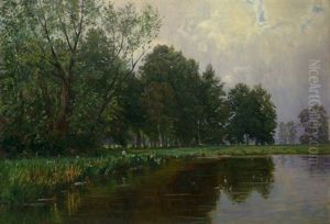 Sommer - Bewaldetes Flusufer An Einem Bewolkten Sommertag by Stephanie Von Strechine