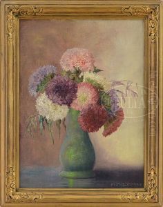Still-life With Multi-colored Zinnias In A Green Vase