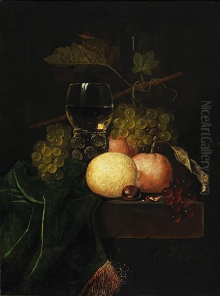 Still Life Of Fruit With Grapes, A Lemon And A Wine Glass, - view 1