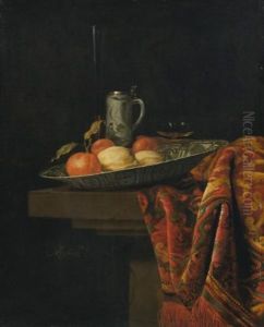 Still Life Of Fruit In A Blue And White Porcelain Bowl With Other Objects Resting On A Stone Ledge Draped With An Oriental Carpet by Hendrick van Streeck