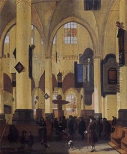An Interior Of A Protestant Gothic Church With Figures During A Sermon