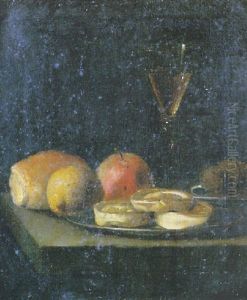 Nature Morte Aux Plats De Biscuits, Fruits, Noix Et Verre De Vin Sur Un Entablement by Hendrick van Streeck
