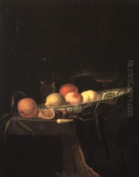 Still Life With Peaches And Other Fruit And A Glass On A Draped Table - view 1