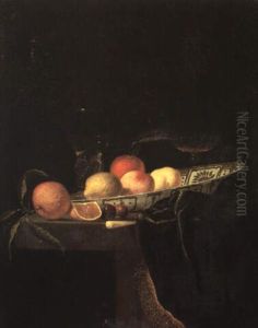 Still Life With Peaches And Other Fruit And A Glass On A Draped Table