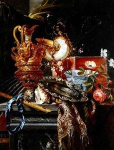 Elaborate Still-life Of Various Objects On A Shelf Draped With A Carpet by Hendrick van Streeck