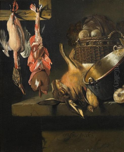 A Kitchen Still Life With A Plucked Duck And Kitchen Utensils On A Ledge - view 1