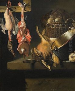 A Kitchen Still Life With A Plucked Duck And Kitchen Utensils On A Ledge by Juriaen van Streeck