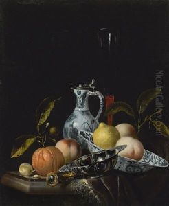 Still Life With A Chinese Blue And White Porcelain Bowl And Ewer, A Silver Porringer, Fruit And Other Objects, On A Partly Draped Table by Juriaen van Streeck