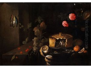 Grosses Stillleben Mit Pastete, Trauben, Zitrone, Vogelwild, Rosen Und Weinkelch by Juriaen van Streeck