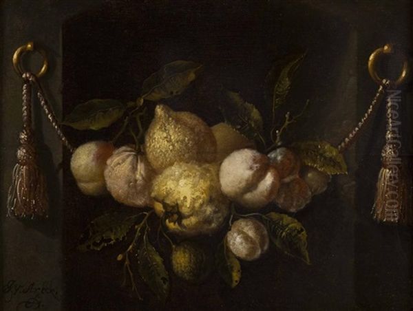 A Still Life Of Lemons, Peaches And Grapes In A Niche With Swags - view 1