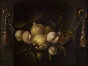 A Still Life Of Lemons, Peaches And Grapes In A Niche With Swags by Juriaen van Streeck