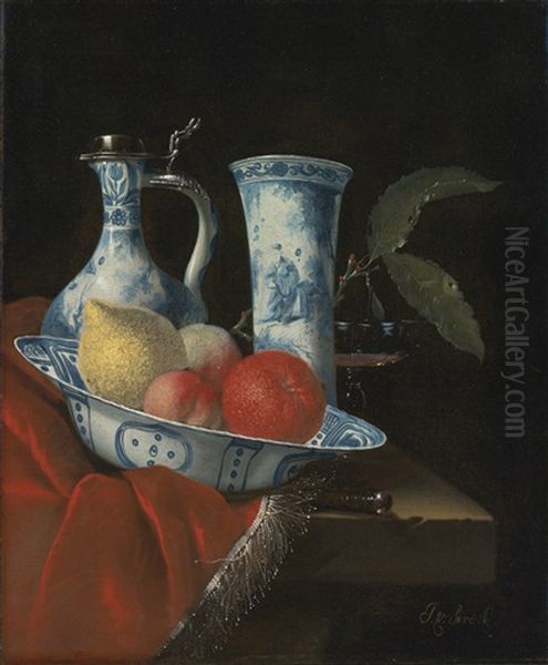 Still Life Of A Blue And White Wan-li Bowl With Peaches, A Lemon And An Orange, A Porcelain Ewer And Vase, A Wine Glass And A Knife, On A Partly Draped Stone Ledge - view 1