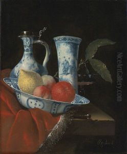 Still Life Of A Blue And White Wan-li Bowl With Peaches, A Lemon And An Orange, A Porcelain Ewer And Vase, A Wine Glass And A Knife, On A Partly Draped Stone Ledge by Juriaen van Streeck