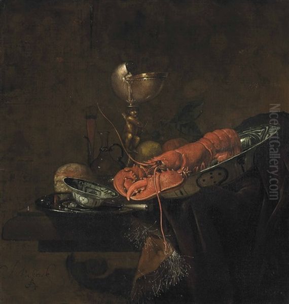 A Lobster, A Peach And A Lemon In A Wanli Kraak Porcelain Plate, A Loaf Of Bread, A Bowl And A Knife On A Pewter Plate, A Gilt Nautilus Cup And A Wine... - view 1