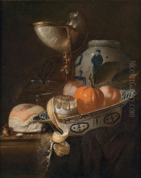 Stillleben Mit Nautiluspokal, Einer Chinesischen Vase Und Einer Wanli-schale Mit Einer Halbgeschalten Zitrone Und Anderen Zitrusfruchten - view 1