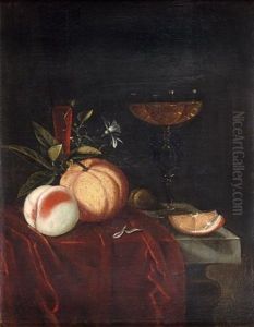Nature Morte Au Verre De Venise, Peche Et Orange Disposes Sur Un Entablement