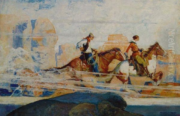 Cowboy About To Overtake Woman On Horseback - view 1