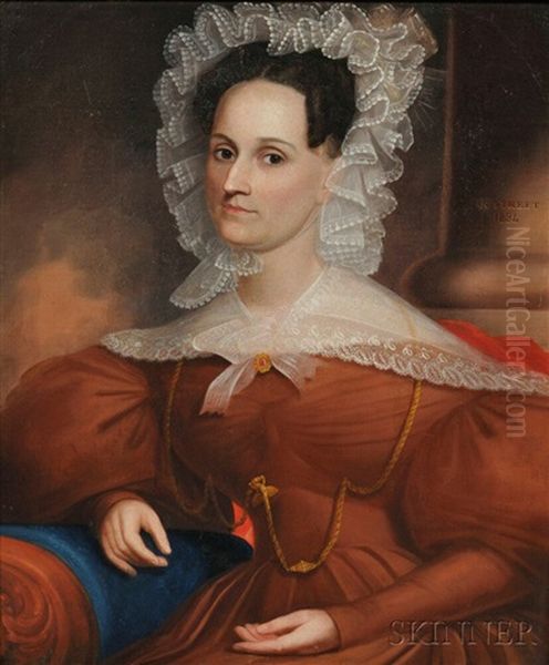Portrait Of A Woman Wearing A Salmon-colored Dress And Lacy Bonnet, Seated On A Sofa - view 1