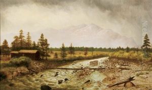 Landscape With Fallen Tree Over River And Mountains Behind