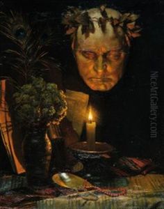 Atmospharisches Stillleben Mit Totenmaske Und Kerze by Ludwig Streitenfeld