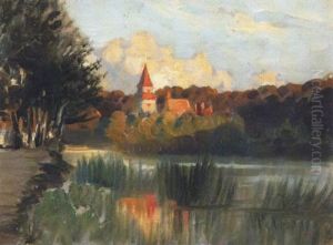 Turm Und Hauser In Einer Flusslandschaft