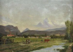 Voralpenlandschaft Mit Fabrik, Hausern Und Figurenstaffage