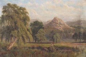 Wooded Landscapes With A Fisherman And A Rustic