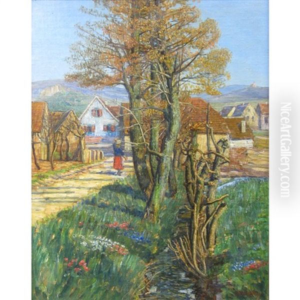 Village By A Brook, A Mountainous Landscape In The Distance - view 1
