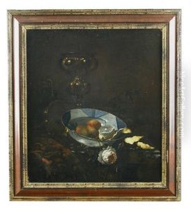 Still Life Of A Wanli Kraak Bowl With A Peeled Lemon, Peaches And A Rose On A Marble Ledge, In Front Of A Goblet All Upon A Turkey Rug by Christian Striep