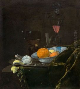 Still Life With Citrus Fruits And Wine Glasses On A Table by Christian Striep
