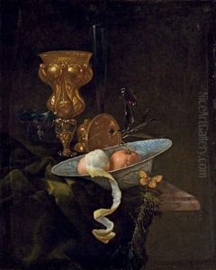 A Chalice, A Porcelain Bowl With Two Oranges And A Half-peeled Lemon, On A Draped Ledge With Two Butterflies