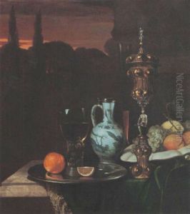 A Still Life With A Silver Gilt Standing Cup And Cover, The Stam In The Form Of A Sitting Lady, An Orange And A Roemer On A Silver Plate