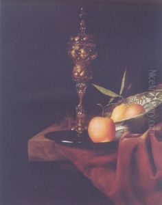 A Gilt Cup And Cover, A Lemon And An Orange In A Wan-li Dish, An Orange On A Pewter Plate And A Roemer On A Marble Ledge by Christian Striep