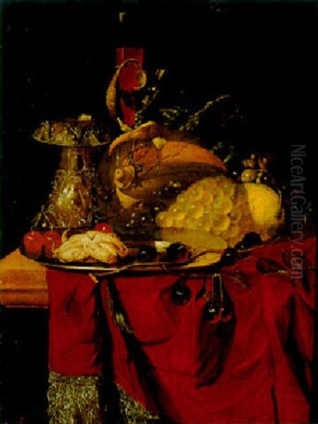 Still Life With Grapes, Cherries, A Melon, Two Glasses And Other Objects On A Ledge - view 1