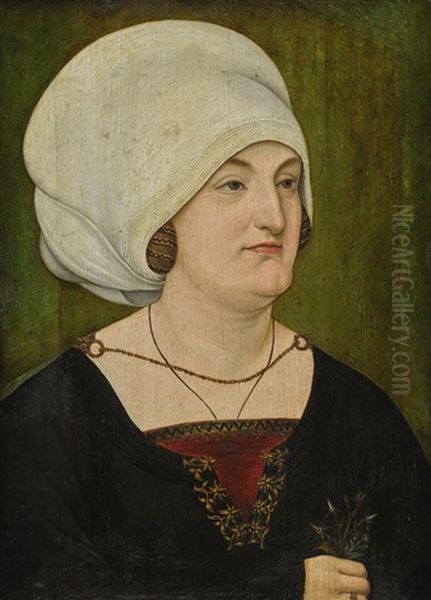 Portrait Of A Lady, Bust-length, In A Gold Embroidered Black Dress And A White Headdress, Holding A Sprig Of Nightshades And Forget-me-nots - view 1