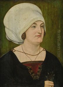 Portrait Of A Lady, Bust-length, In A Gold Embroidered Black Dress And A White Headdress, Holding A Sprig Of Nightshades And Forget-me-nots