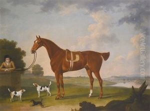 Thomas Egerton's Chestnut Hunter With A Groom And Two Hounds And A Terrier In A River Landscape Thomas Egerton's Chestnut Hunter With A Groom And Two Hounds And A Terrier In A River Landscape
